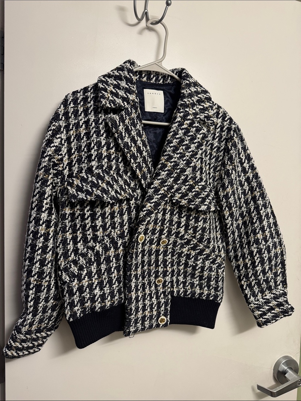 Houndstooth Tweed Blazer Jacket in Black & White with Gold Buttons